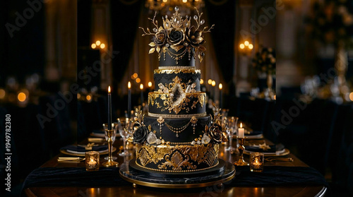 Wallpaper Mural Elegant Black and Gold Tiered Cake Decorated with Crystals Torontodigital.ca