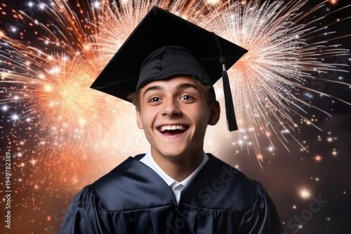 A young man in a graduation cap and gown beams with pride against a backdrop of sparkling fireworks.