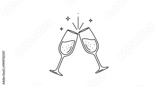 Two wine glasses clinking together with bubbles and sparkles in a celebratory toast