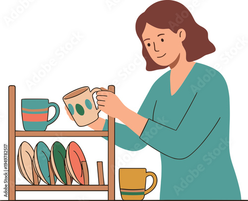 Woman placing mug on rack with other dishes and cups nearby indoors