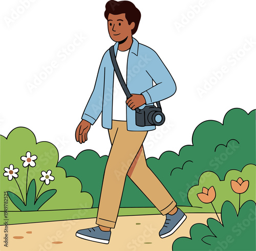 A man walks along a path in a park with flowers and trees.