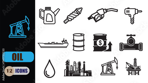 A collection of twelve black and white linear icons representing the oil and gas industry sector