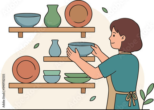 Woman holding bowl near shelves with various ceramic dishes indoors