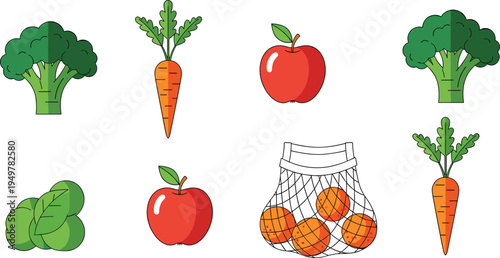 Healthy Vegetables and Fruits Icon Collection Featuring Broccoli, Carrots, Apple, Lettuce and Vegetable Mesh Bag