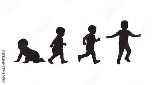 Silhouette of a child crawling, walking, running and jumping in sequence on a plain background.