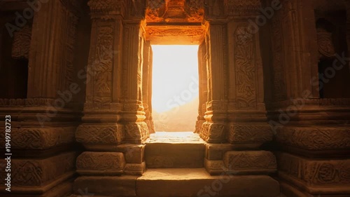 The ancient temple entrance stands with sunlight shining through the doorway between ornate pillars.