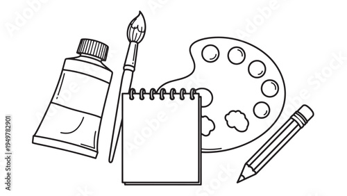 Artist Workspace Line Icon Illustration with Paint Palette, Brush and Sketchbook Representing Creative Industry, Design Studio Branding and Visual Arts Education Concepts