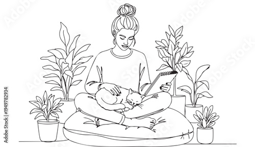 A woman sits on a cushion with a cat and dog on her lap surrounded by plants