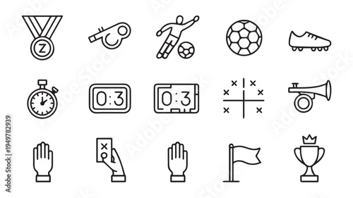 Collection of 16 black and white line art icons representing various elements and activities related to the sport of soccer and refereeing