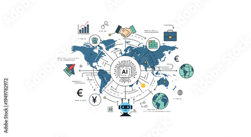 Vector world map with AI and finance icons