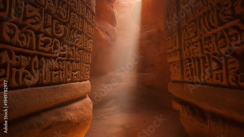 Ancient Egyptian hieroglyphics adorn stone pillars in a dimly lit temple corridor with a beam of light.