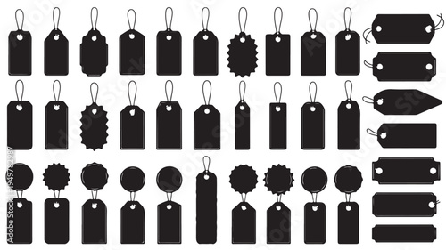 Various shapes and designs of black labels and tags on white background