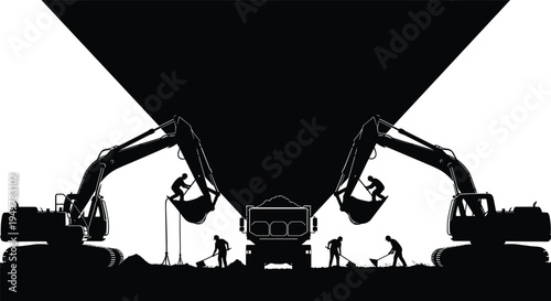 Excavators loading dump truck with soil at construction site silhouette, workers performing earthmoving and excavation, heavy machinery and infrastructure development concept