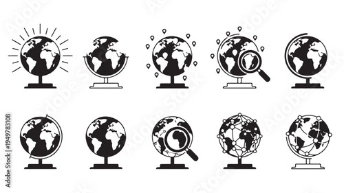 Various globes display earth from multiple angles with magnifying glasses and sun rays.