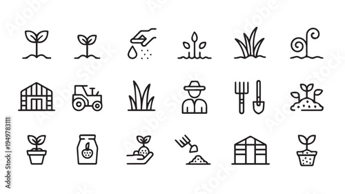 A comprehensive collection of 20 minimalist black-and-white line art icons representing essential agriculture, gardening, and farming concepts, ideal for digital design projects and infographics