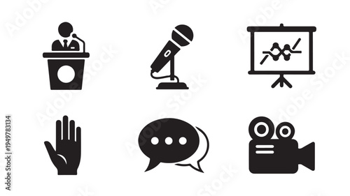 Businessman presents data on screen with microphone and camera capturing the speech