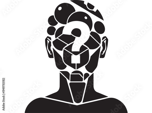 An illustration depicts a man's head with a question mark and geometric shapes inside.