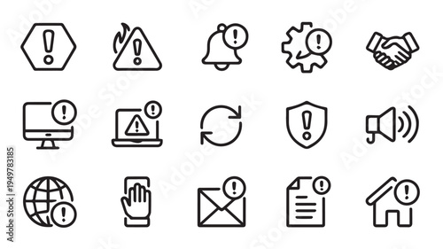 A diverse collection of black line art icons representing essential warnings, critical alerts, important notifications, and various status indicators for digital design projects