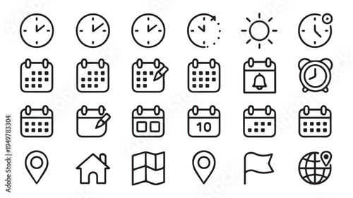 A collection of 20 minimalist black and white line art icons representing time, planning, location, and communication, perfect for digital and print projects