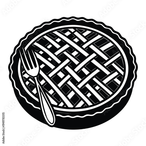 Black and white of a lattice pie with a fork on the left side monochrome lattice crust