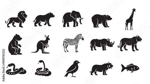 Various animals are depicted in silhouette against a plain background standing still.