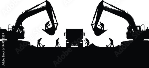 Excavators loading soil into dump truck silhouette with construction workers digging, earthmoving operation at building site, heavy machinery infrastructure development concept