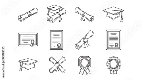 Graduation and Academic Achievement Icon Set Featuring Diploma, Certificate and Award Symbols for Educational Success, Career Advancement and Professional Development Themes