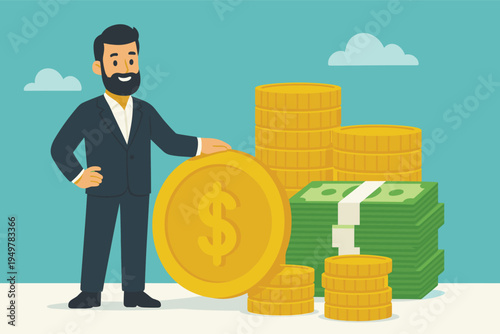 Business man standing with large coin stacks and cash money showing financial growth, investment success and wealth management, flat vector illustration
