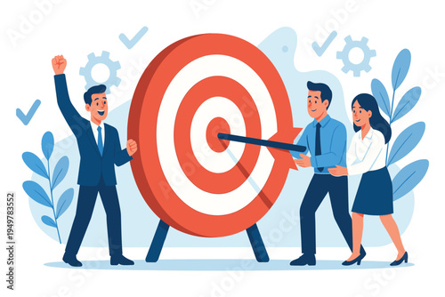 Business team achieving success by hitting target goal together at office workplace, flat vector illustration