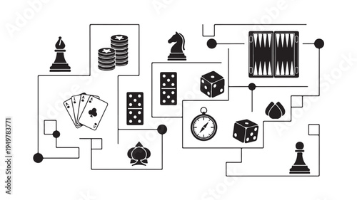 A collection of various gaming elements and symbols on a white surface.