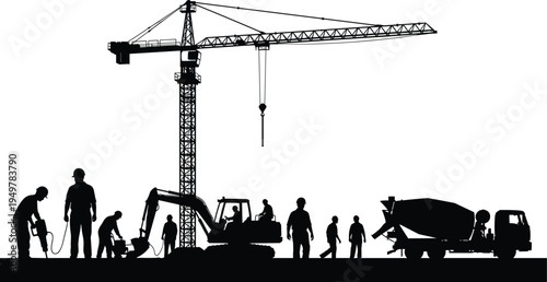 Silhouette construction site with tower crane, excavator, concrete mixer truck and workers, heavy machinery and industrial building development engineering concept