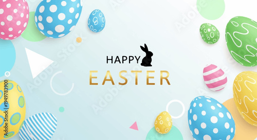 Easter eggs in pastel colors with 'happy easter' text and bunny silhouette on light blue background with white space