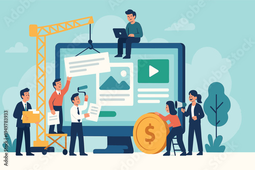 Business Team Working Together to Build Website Content on Large Computer Screen, Flat Vector Illustration