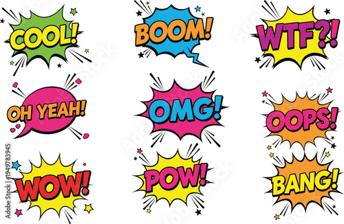 Comic book speech bubbles set, pop art onomatopoeia explosions, colorful retro comic sound effects, boom wow omg pow vector illustration, isolated