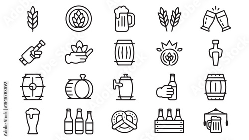 Essential set of twenty line art icons for beer, brewing, and beverage culture. Includes hops, glasses, bottles, barrels, and pretzels, perfect for modern digital design