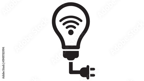 A simple black line drawing of a lightbulb with Wi-Fi symbol plugged into socket