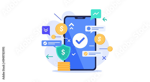 Illustrated smartphone screen showcasing secure mobile banking icons, digital design highlighting financial connectivity and user-friendly security