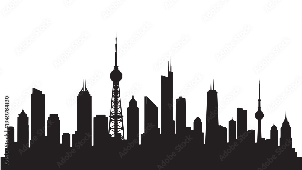 Obraz premium Modern City Skyline Silhouette Vector Illustration Featuring Urban Business District, Corporate Towers and Metropolitan Architecture for Real Estate Branding and Financial Growth Concepts