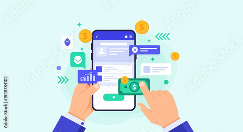 Two hands cradle a white smartphone surrounded by payment icons—credit card, coin, arrows—against a teal background, showing a mobile payment gateway.