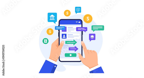 Hands hold a vertical smartphone surrounded by finance icons, showing technology and mobile banking in a clean digital illustration from a close-up view.