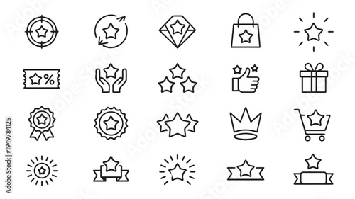 A collection of 20 black and white line art icons representing ratings, rewards, and achievements