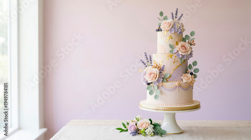 Wallpaper Mural Elegant Three Tier Wedding Cake Decorated with Roses Lavender and Berries Torontodigital.ca