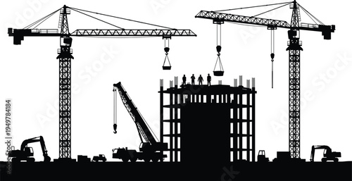 Silhouette construction site with tower cranes, excavators and workers building multi story structure, heavy machinery and industrial engineering infrastructure development concept