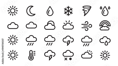 A set of 20 simple black line drawings of weather icons including sun, moon, clouds, rain, snow, wind, and rainbow