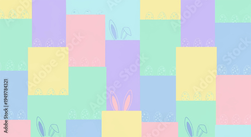 Colorful geometric pattern with pastel squares and rectangles in soft pink yellow blue green and purple hues on a white background