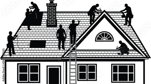 Silhouette illustration of professional roofing workers repairing residential house roof, construction team installing shingles, maintenance service concept with ladder, chimney and tools crew