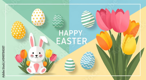 Colorful easter eggs and tulips with bunny on pastel background happy easter greeting card