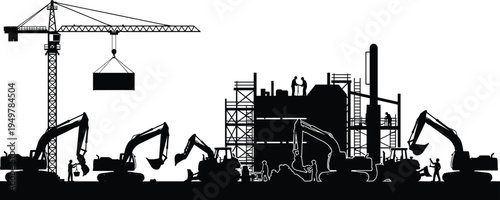 Silhouette industrial construction site with tower crane, excavators and workers building factory structure, heavy machinery operation and infrastructure development engineering concept