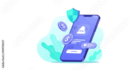 Showcasing a smartphone with a shield, dollar and coin icons, in a financial context, against a white backdrop, viewed from an angled perspective