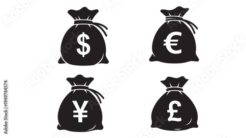 The illustration depicts four money bags with different currency symbols on them arranged in two rows.